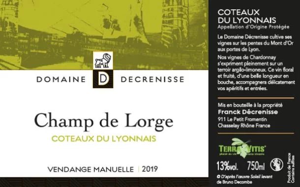 Chardonnay Champ de Lorge, Décrenisse, Côteaux du Lyonnais - Lekker Sapje - Wijn voor mensen met humor