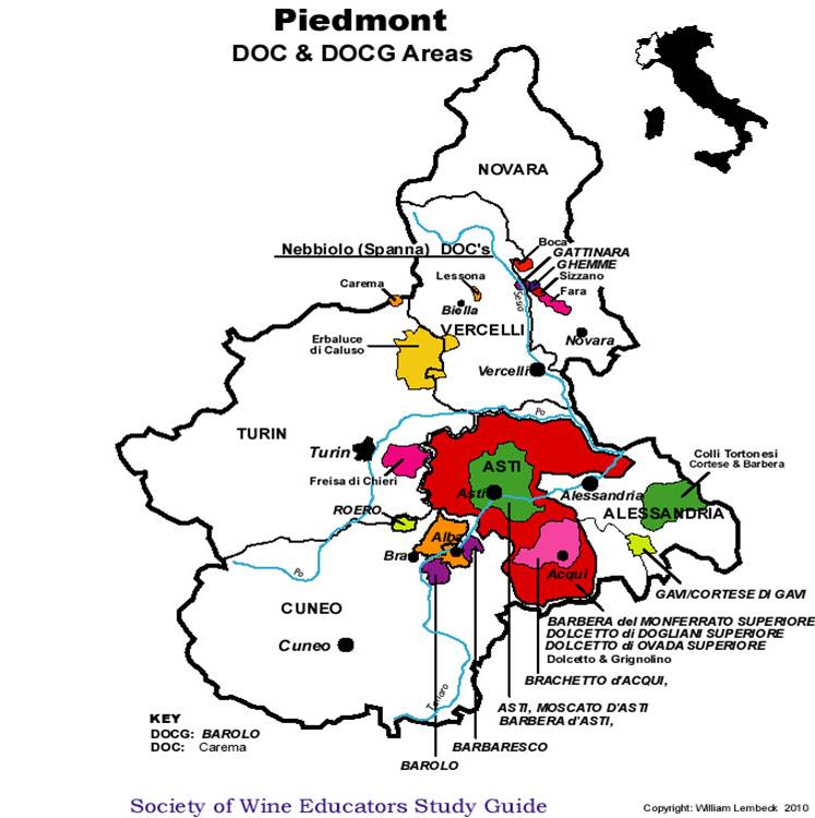 Kaart van het wijngebied Piemonte met de Colli Tortonesi